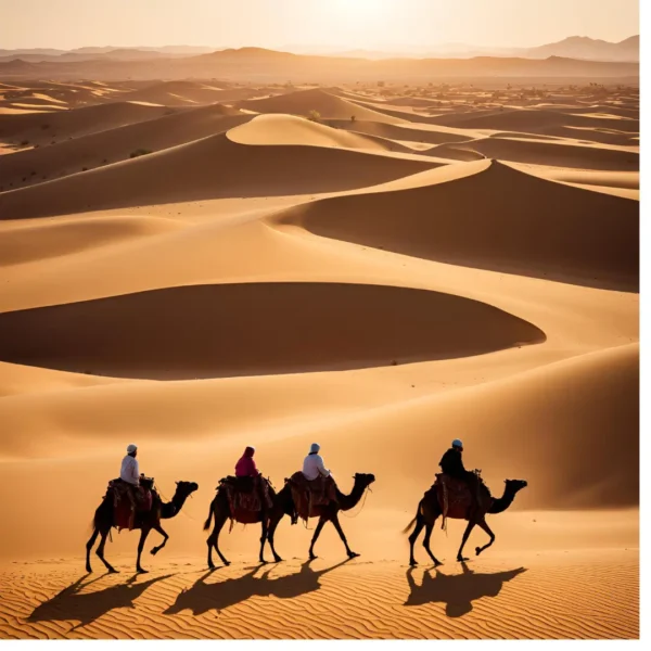 A pristine desert camp in Morocco surrounded by sand dunes, free from wildlife such as snakes or scorpions.