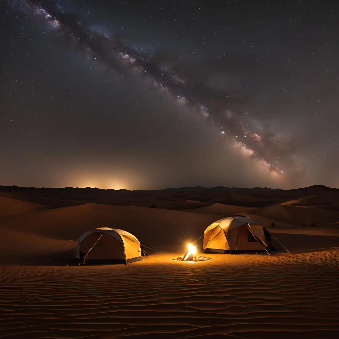 A mesmerizing starry sky above a cozy desert camp in Erg Chigaga, Morocco.