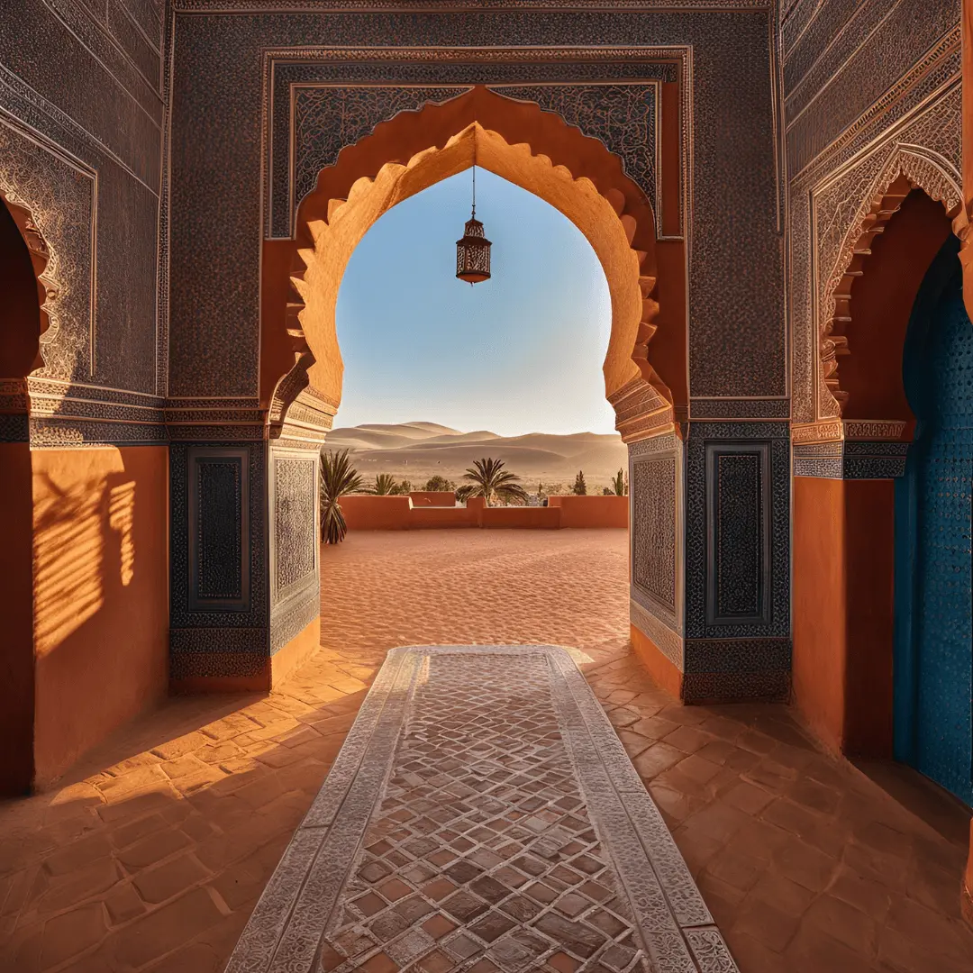 Traditional Moroccan architecture featuring intricate mosaics, ornate arches, and vibrant colors, captured in a historic riad or medina alleyway.