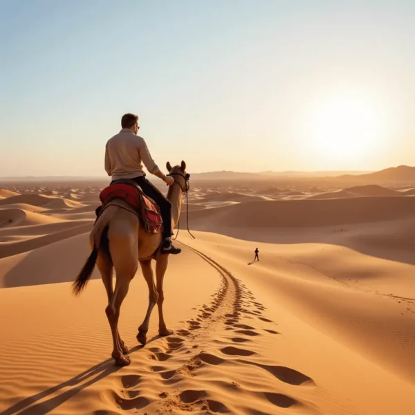 Camel ride through the golden dunes of Merzouga in Erg Chebbi, Morocco, during a desert tour at sunset.