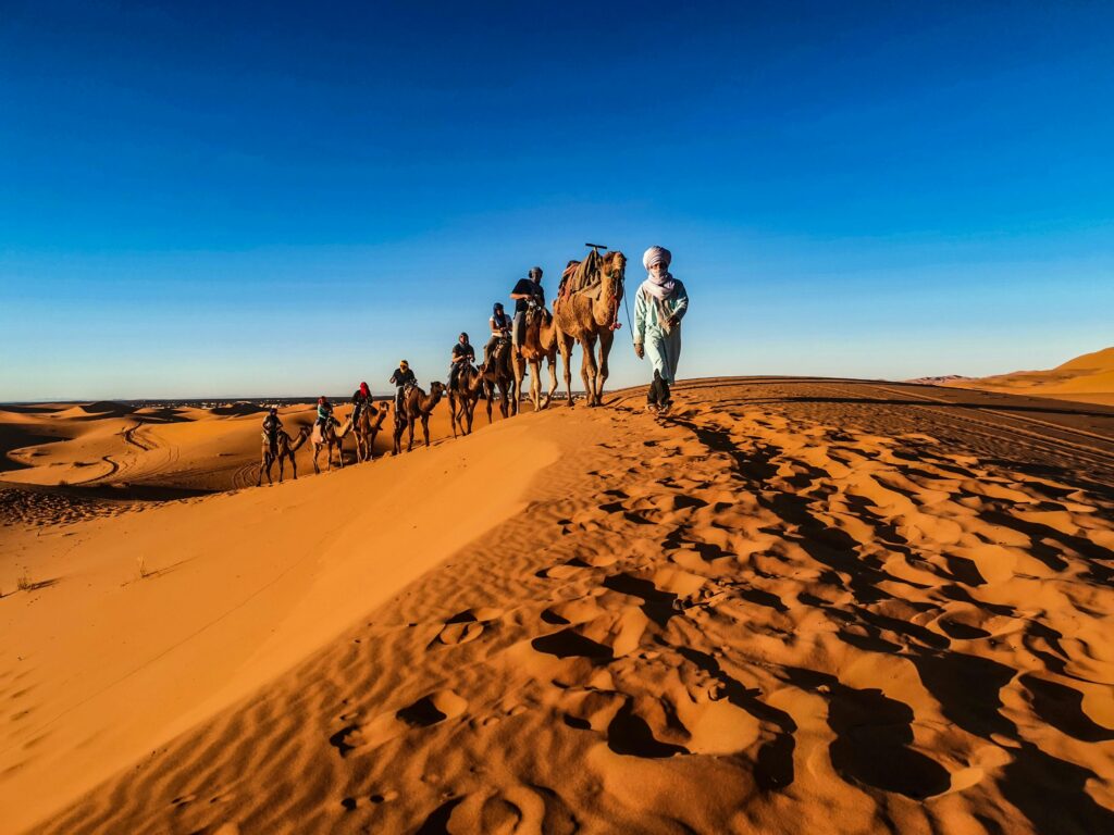 Camel caravan crossing golden Sahara dunes at sunset as one of the best Morocco Travel Destinations